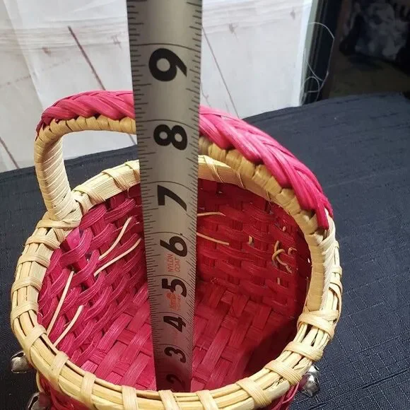 Cute Small Red Wicker Christmas Basket with Bells 5" x 8" tall Holiday Decor - Picture 11 of 11